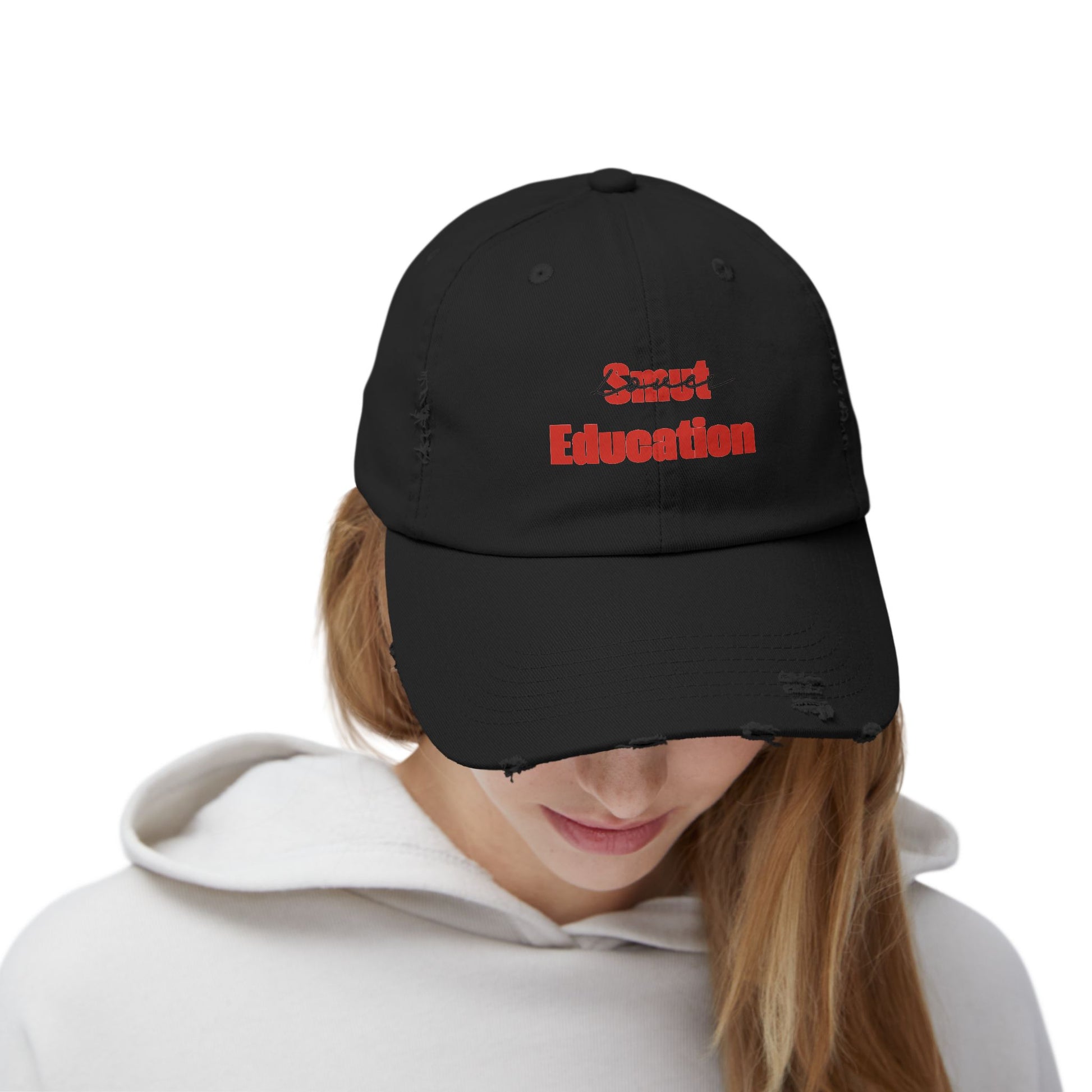 Black & Red 'Smut Education Lover' Distressed Cap — Vintage Style Baseball Hat