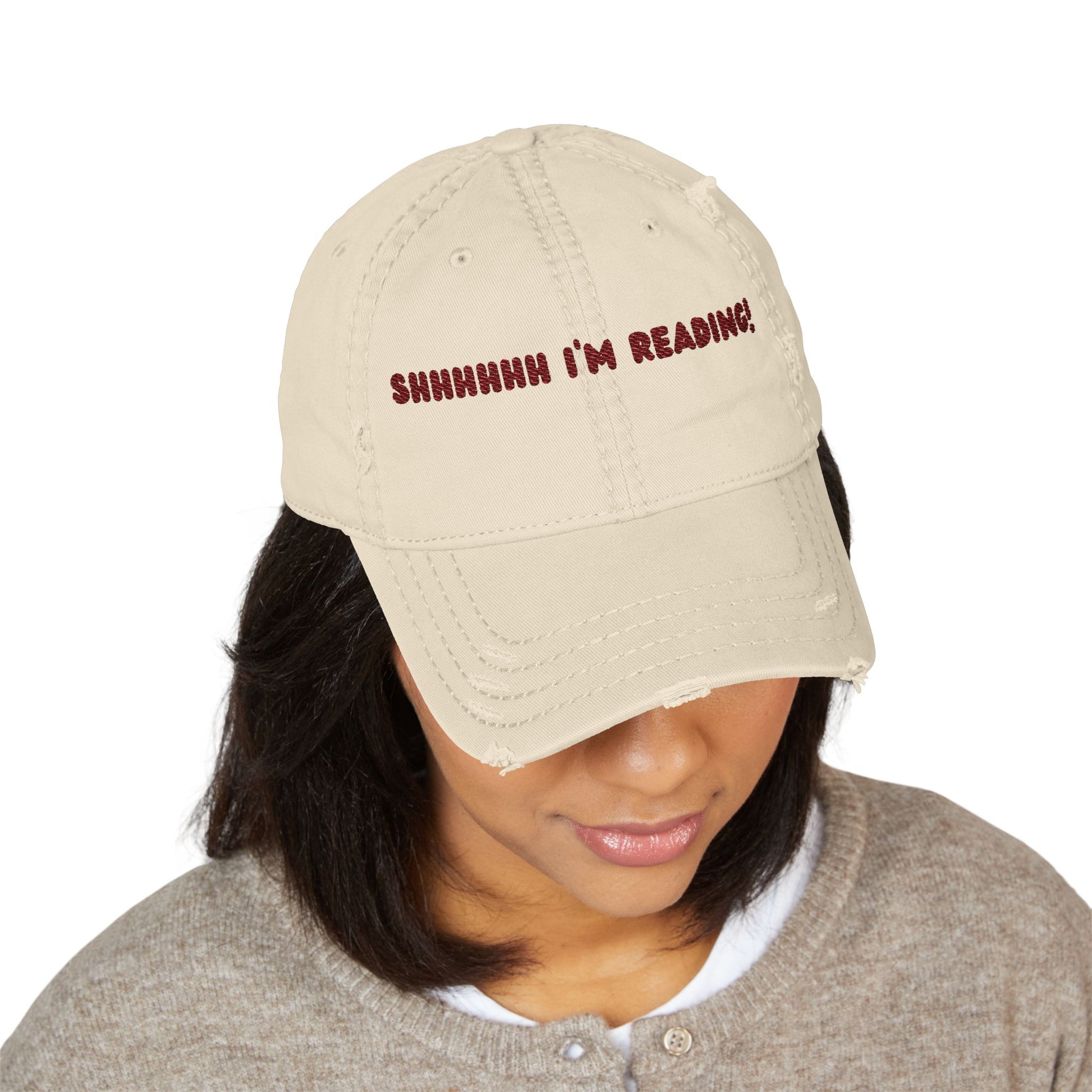 Distressed Embroidered Dad Hat – "Shhhhhh I'm Reading!" Book Lover Cap